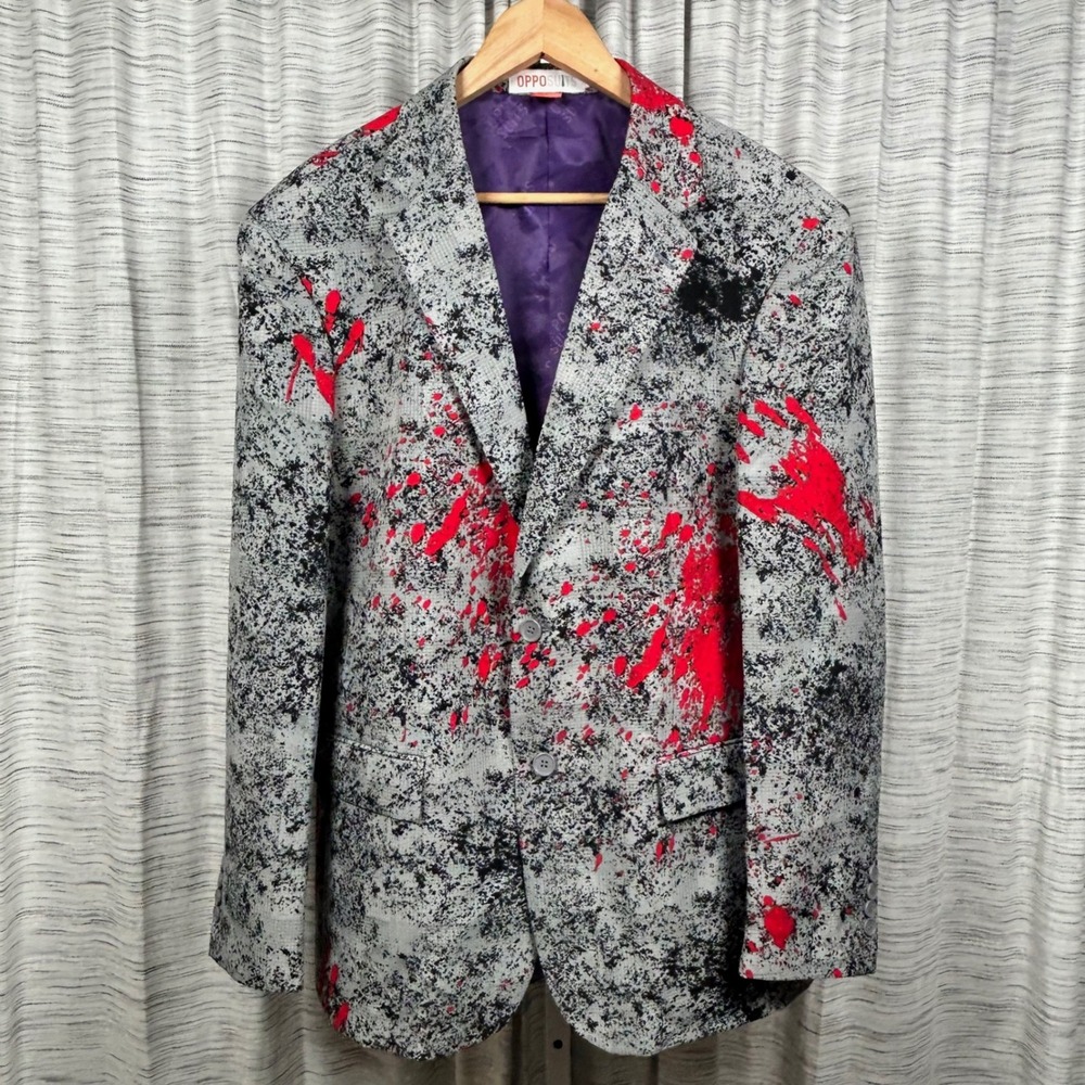 OppoSuits Blazer Grey Red Mens Sz 46 Bloody Horror Halloween Costume Jacket EUC